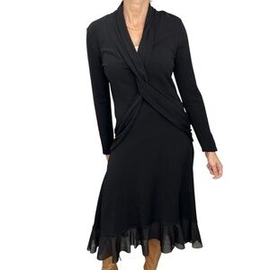 Vtg NWT Tristan & Iseut black wool blend stretchy ruffle hem midi dress XL